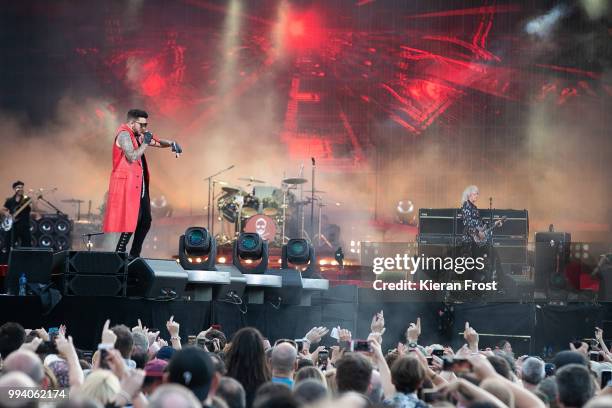 Adam Lambert, Roger Taylor and Brian May of Queen perform at Marlay Park on July 8, 2018 in Dublin, Ireland.