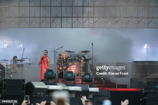 Adam Lambert, Brian May and Roger Taylor of Queen perform at Marlay Park on July 8, 2018 in Dublin, Ireland.