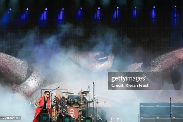 Adam Lambert, Brian May and Roger Taylor of Queen perform at Marlay Park on July 8, 2018 in Dublin, Ireland.