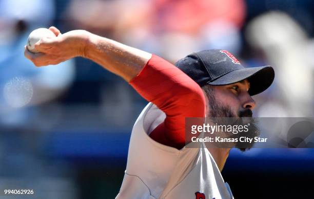 Boston Red Sox starting pitcher Rick Porcello throws in the first inning during Sunday's baseball game against the Kansas City Royals on July 8 at...