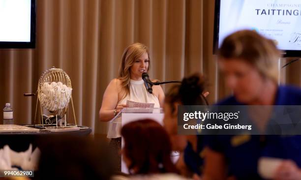 Television host and MC Courtney Perna speaks during Coach Woodson Invitational presented by MGM Resorts International, a PGD Global production, at...