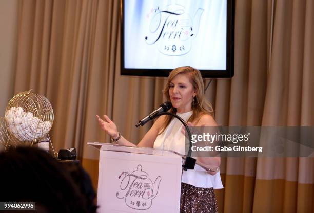 Television host and MC Courtney Perna speaks during Coach Woodson Invitational presented by MGM Resorts International, a PGD Global production, at...