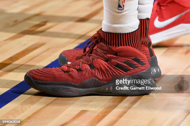 The sneakers of KJ McDaniels of the Portland Trail Blazers are seen during the game against the Atlanta Hawks during the 2018 Las Vegas Summer League...