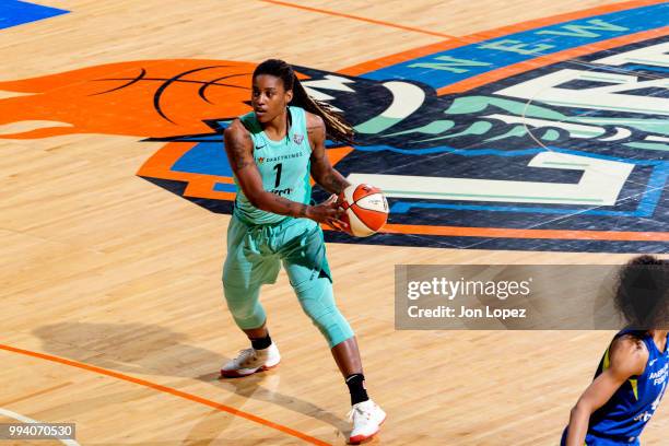 Shavonte Zellous of the New York Liberty passes the ball during the game against the Dallas Wings on July 8, 2018 at Westchester County Center in...