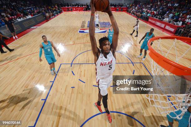 Derrick Jones Jr. Of the Miami Heat drives to the basket during the game against the Charlotte Hornets on July 8, 2018 at the Cox Pavilion in Las...