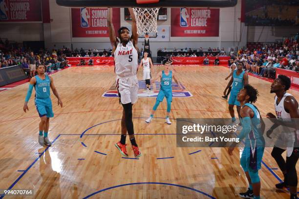 Derrick Jones Jr. Of the Miami Heat drives to the basket during the game against the Charlotte Hornets on July 8, 2018 at the Cox Pavilion in Las...