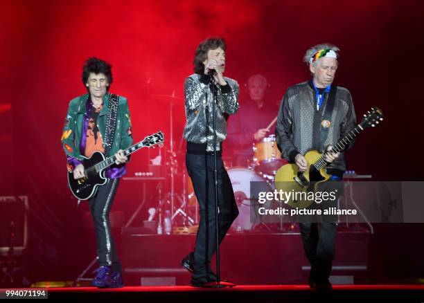 The Rolling Stones with Mick Jagger , Keith Richards , Charlie Watts and Ron Wood perform on stage during the start of the Rolling Stones Europe tour...
