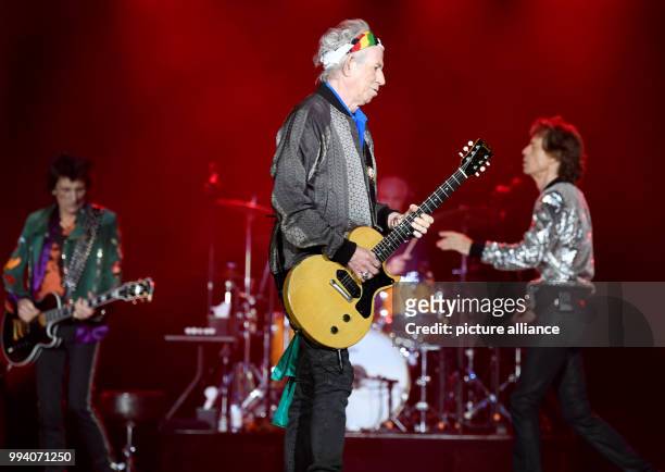 Keith Richards performs on stage during the start of the Rolling Stones Europe tour 'Stones - No Filter' at the Stadtpark in Hamburg, Germany, 09...