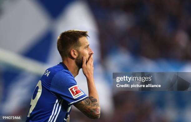Schalke's Guido Burgstaller celebrates his his penalty that gives his side a 1:0 lead during the German Bundesliga soccer match between Schalke 04...