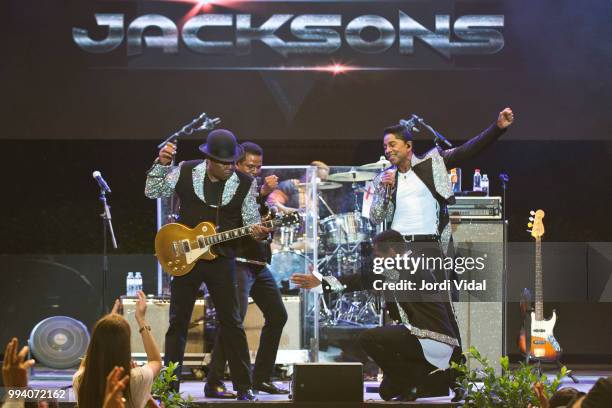 Tito Jackson, Jackie Jackson, Marlon Jackson and Jermaine Jackson of The Jacksons perform on stage during Festival Jardins Palau de Pedralbes on July...