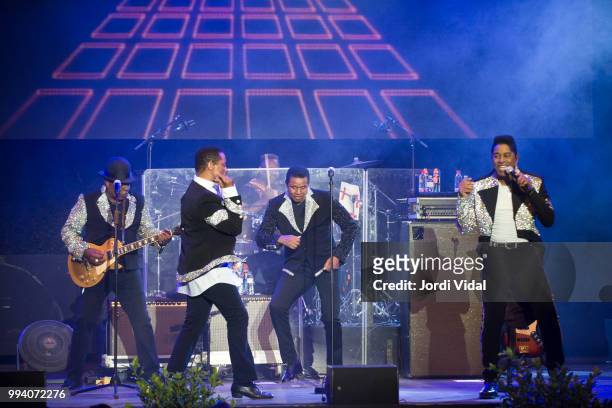 Tito Jackson, Marlon Jackson, Jackie Jackson and Jermaine Jackson of The Jacksons perform on stage during Festival Jardins Palau de Pedralbes on July...