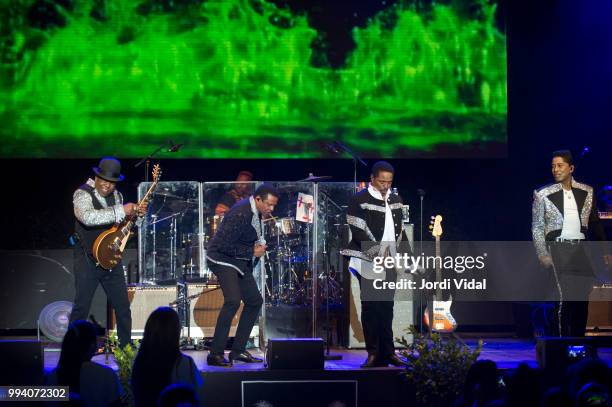 Tito Jackson, Jackie Jackson, Marlon Jackson and Jermaine Jackson of The Jacksons perform on stage during Festival Jardins Palau de Pedralbes on July...