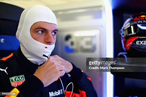 Max Verstappen of Netherlands and Red Bull Racing prepares to drive in the garage before the Formula One Grand Prix of Great Britain at Silverstone...