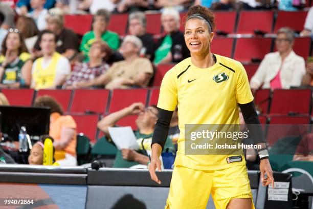 Alysha Clark of the Seattle Storm warms up before the game against the Washington Mystics on July 8, 2018 at Key Arena in Seattle, Washington. NOTE...