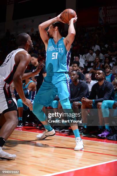 Luke Petrasek of the Charlotte Hornets looks to pass the ball against the Miami Heat on July 8, 2018 at the Cox Pavilion in Las Vegas, Nevada. NOTE...