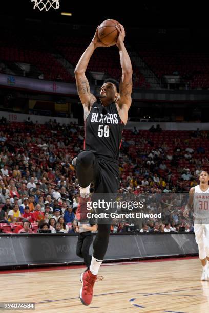 McDaniels of the Portland Trail Blazers goes up for a dunk against the Atlanta Hawks during the 2018 Las Vegas Summer League on July 8, 2018 at the...