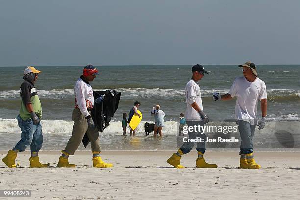 Workers search the beach for tar balls to be picked up as they wash ashore from the Deepwater Horizon site on May 14, 2010 in Dauphin Island,...