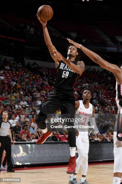 McDaniels of the Portland Trail Blazers goes to the basket against the Atlanta Hawks during the 2018 Las Vegas Summer League on July 8, 2018 at the...