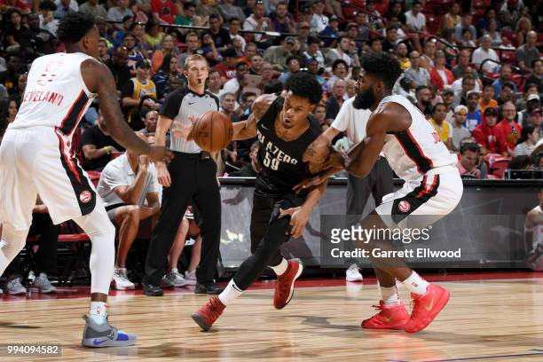 McDaniels of the Portland Trail Blazers handles the ball against the Atlanta Hawks during the 2018 Las Vegas Summer League on July 8, 2018 at the...