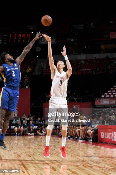 Zhou Qi of the Houston Rockets shoots the ball against the Golden States Warriors during the 2018 Las Vegas Summer League on July 8, 2018 at the...