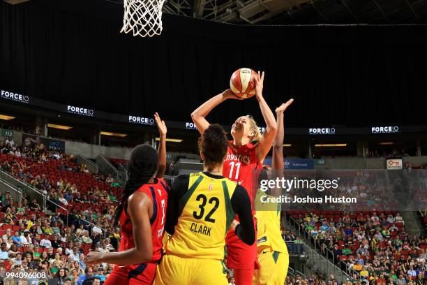 Elena Delle Donne of the Washington Mystics shoots the ball against the Seattle Storm on July 8, 2018 at Key Arena in Seattle, Washington. NOTE TO...