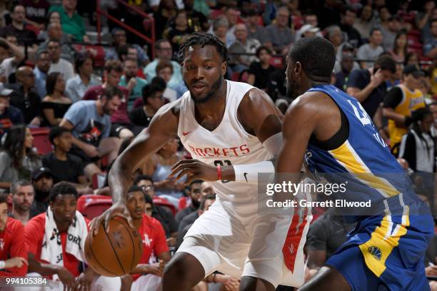 Chinanu Onuaku of the Houston Rockets handles the ball against the Golden States Warriors during the 2018 Las Vegas Summer League on July 8, 2018 at...