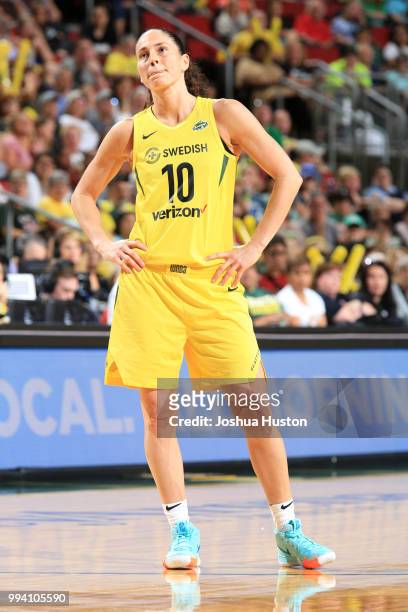 Sue Bird of the Seattle Storm looks on during the game against the Washington Mystics on July 8, 2018 at Key Arena in Seattle, Washington. NOTE TO...