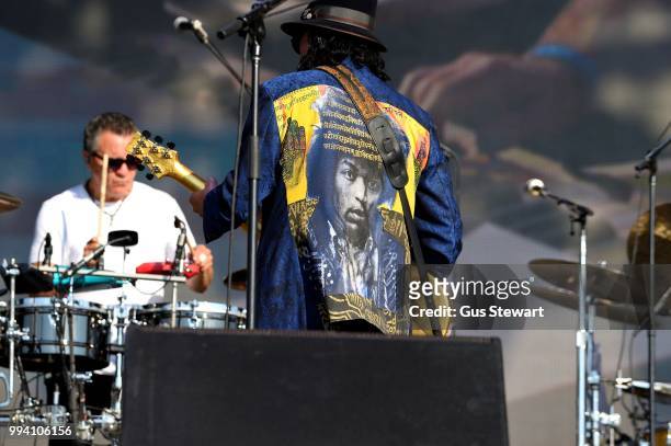 Carlos Santana wears a Jimi Hendrix jacket on the Great Oak stage at Barclaycard Presents British Summer Time Hyde Park at Hyde Park on July 8, 2018...