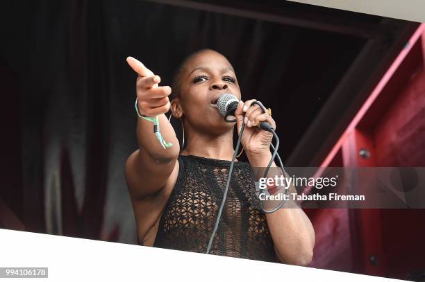 British radio presenter Julie Adenuga introduces GirlsOfGrime at the Smirnoff House during Day 3 of Wireless Festival 2018 at Finsbury Park on July...