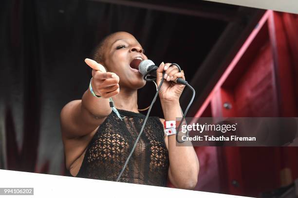 British radio presenter Julie Adenuga introduces GirlsOfGrime at the Smirnoff House during Day 3 of Wireless Festival 2018 at Finsbury Park on July...