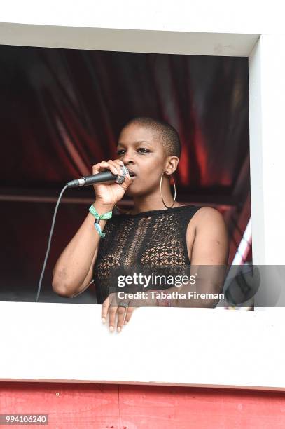 British radio presenter Julie Adenuga introduces GirlsOfGrime at the Smirnoff House during Day 3 of Wireless Festival 2018 at Finsbury Park on July...