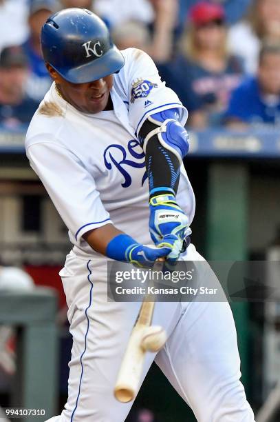 The Kansas City Royals' Salvador Perez connects on a sacrifice fly to score Jorge Bonifacio in the third inning against the Boston Red Sox at...