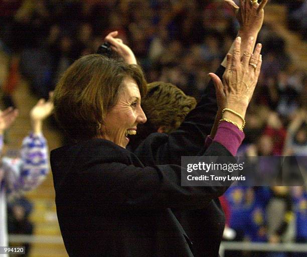 Adelaide coach Marg Angove celebrates after the Thunderbirds won the match between the Adelaide Thunderbirds and Melbourne Phoenix played at ETSA...