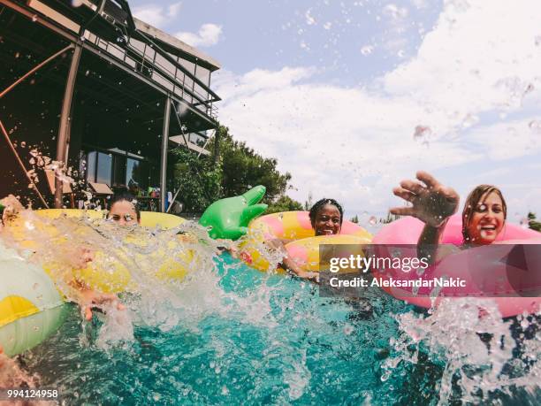 friends having fun on floaties in swimming pool - friends donut stock pictures, royalty-free photos & images