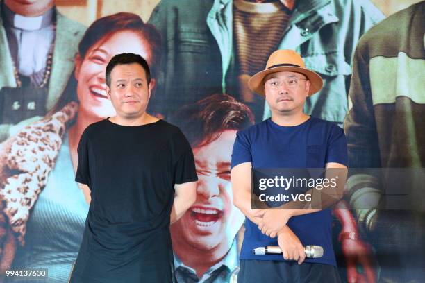 Actor Xu Zheng and director and actor Ning Hao attend the road show of film 'Dying to Survive' on July 5, 2018 in Nanjing, Jiangsu Province of China.