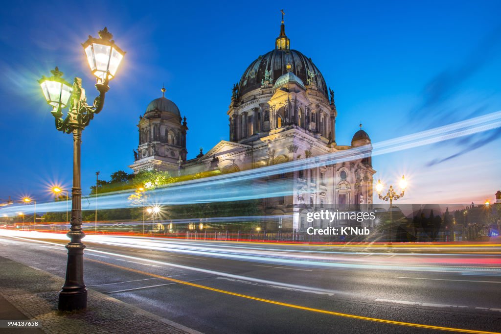 Berlin cathedral or Berliner dom at sunset time with tunnel path for passenger to pier of boat transporation