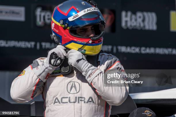 Juan Pablo Montoya prepares to drive before the IMSA WeatherTech race at Canadian Tire Motorsport Park on July 6, 2018 in Bowmanville, Canada.