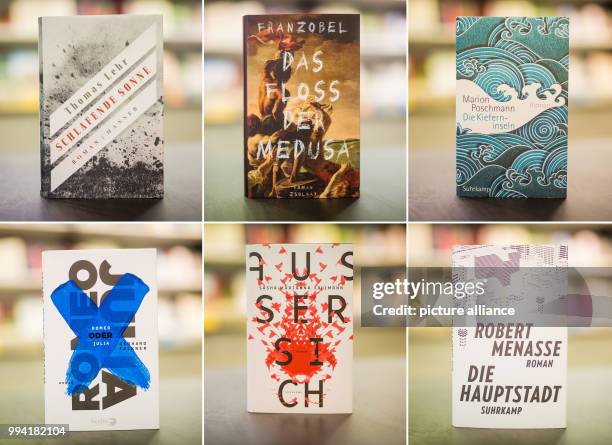 The combo shows six books that are on the shortlist of the German Book Prize in a book store in Stuttgart, Germany, 12 September 2017. Top row L-R:...