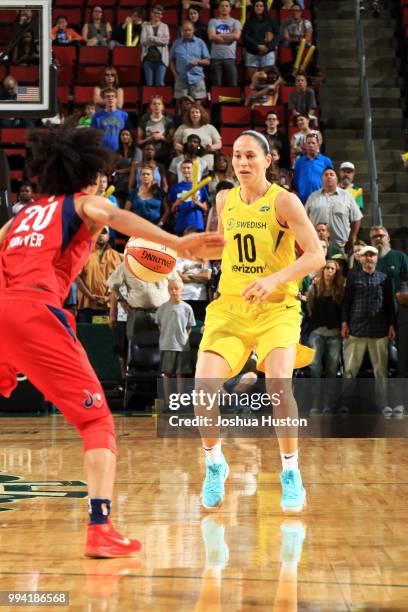 Sue Bird of the Seattle Storm handles the ball against the Washington Mystics on July 8, 2018 at Key Arena in Seattle, Washington. NOTE TO USER: User...