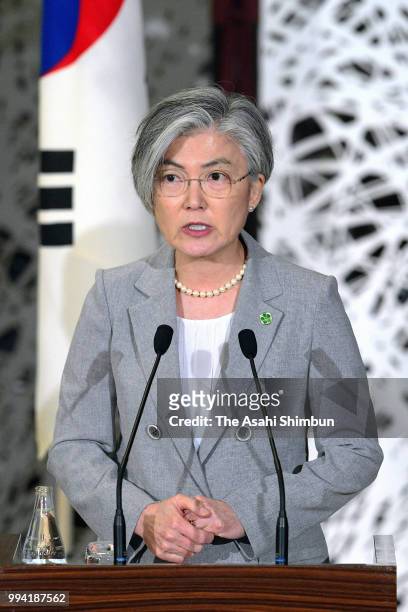 South Korean Foreign Minister Kang Kyung-wha aduring a press conference following the trilateral meeting at the Iikura Guest House on July 8, 2018 in...