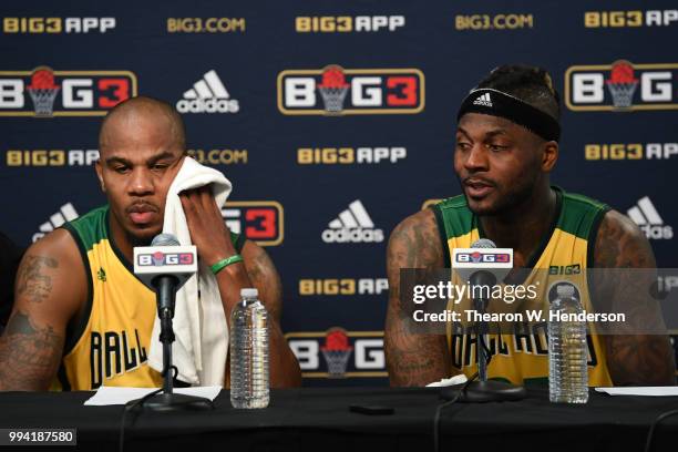 Andre Owens and Jermaine Taylor of Ball Hogs speak at a postgame press conference during week three of the BIG3 three on three basketball league game...