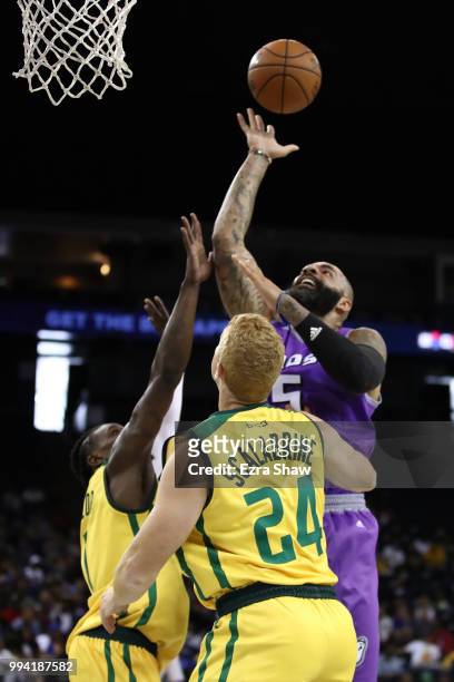 Carlos Boozer of Ghost Ballers throws up a shot against Ball Hogs during week three of the BIG3 three on three basketball league game at ORACLE Arena...