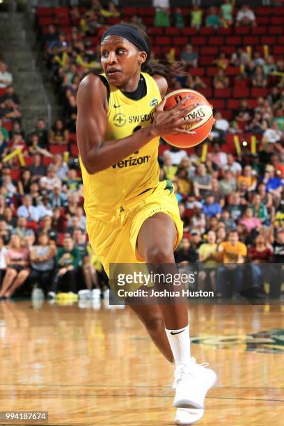 Crystal Langhorne of the Seattle Storm drives to the basket against the Washington Mystics on July 8, 2018 at Key Arena in Seattle, Washington. NOTE...