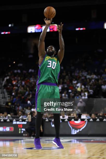 Reggie Evans of 3 Headed Monsters takes a shot against Killers 3s during week three of the BIG3 three on three basketball league game at ORACLE Arena...