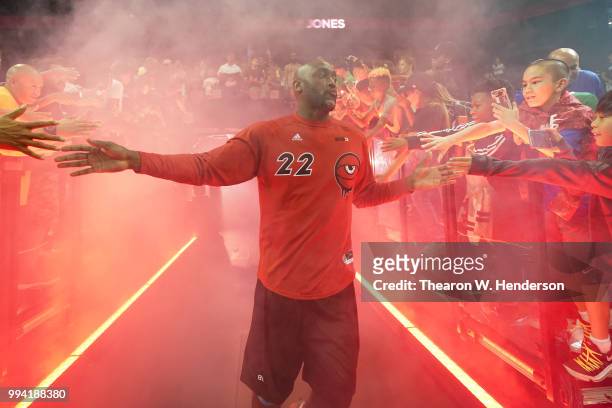 Dion Glover of Trilogy is introduced during week three of the BIG3 three on three basketball league game at ORACLE Arena on July 6, 2018 in Oakland,...