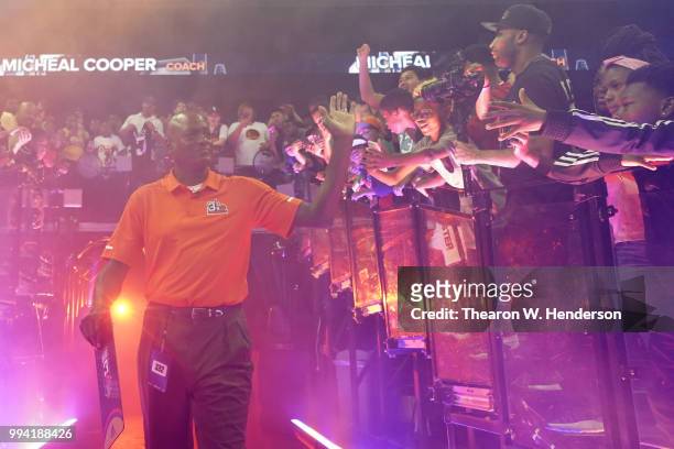 Head coach Michael Cooper of 3's Company is introduced during week three of the BIG3 three on three basketball league game at ORACLE Arena on July 6,...