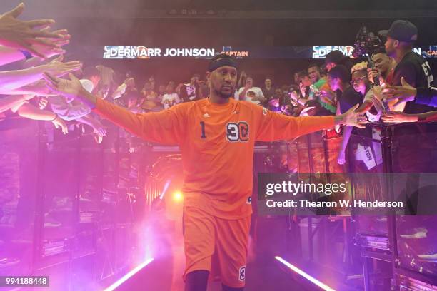 DerMarr Johnson of 3's Company is introduced during week three of the BIG3 three on three basketball league game at ORACLE Arena on July 6, 2018 in...