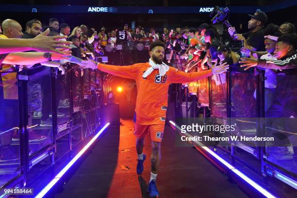 Andre Emmett of 3's Company is introduced during week three of the BIG3 three on three basketball league game at ORACLE Arena on July 6, 2018 in...