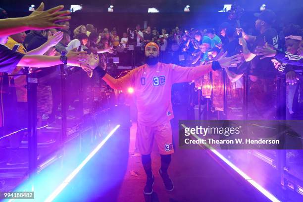 Drew Gooden of 3's Company is introduced during week three of the BIG3 three on three basketball league game at ORACLE Arena on July 6, 2018 in...