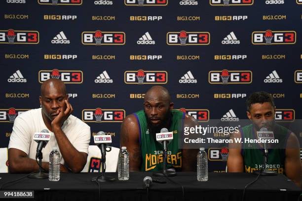 Head coach Gary Payton, Reggie Evans and Mahmoud Abdul-Rauf of 3 Headed Monsters speak at a postgame press conference during week three of the BIG3...